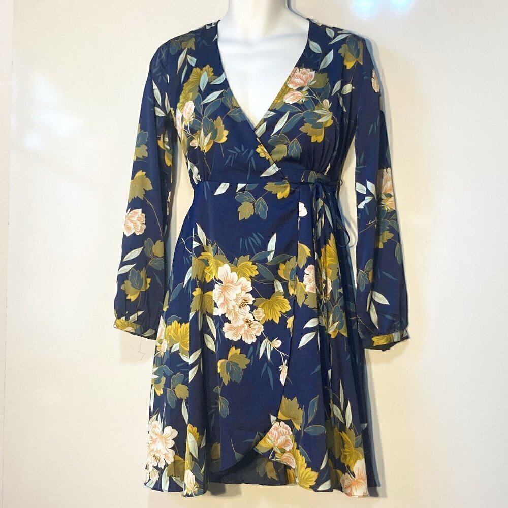 Lulus SZ XS dark blue floral print wrap fit & flare dress flowy office dressy